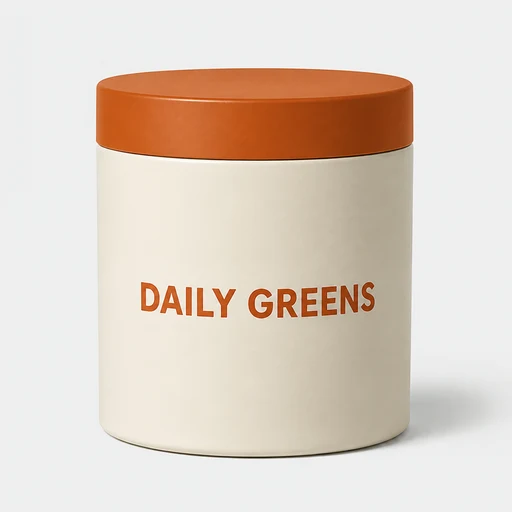 Daily Greens powder tub with an orange lid