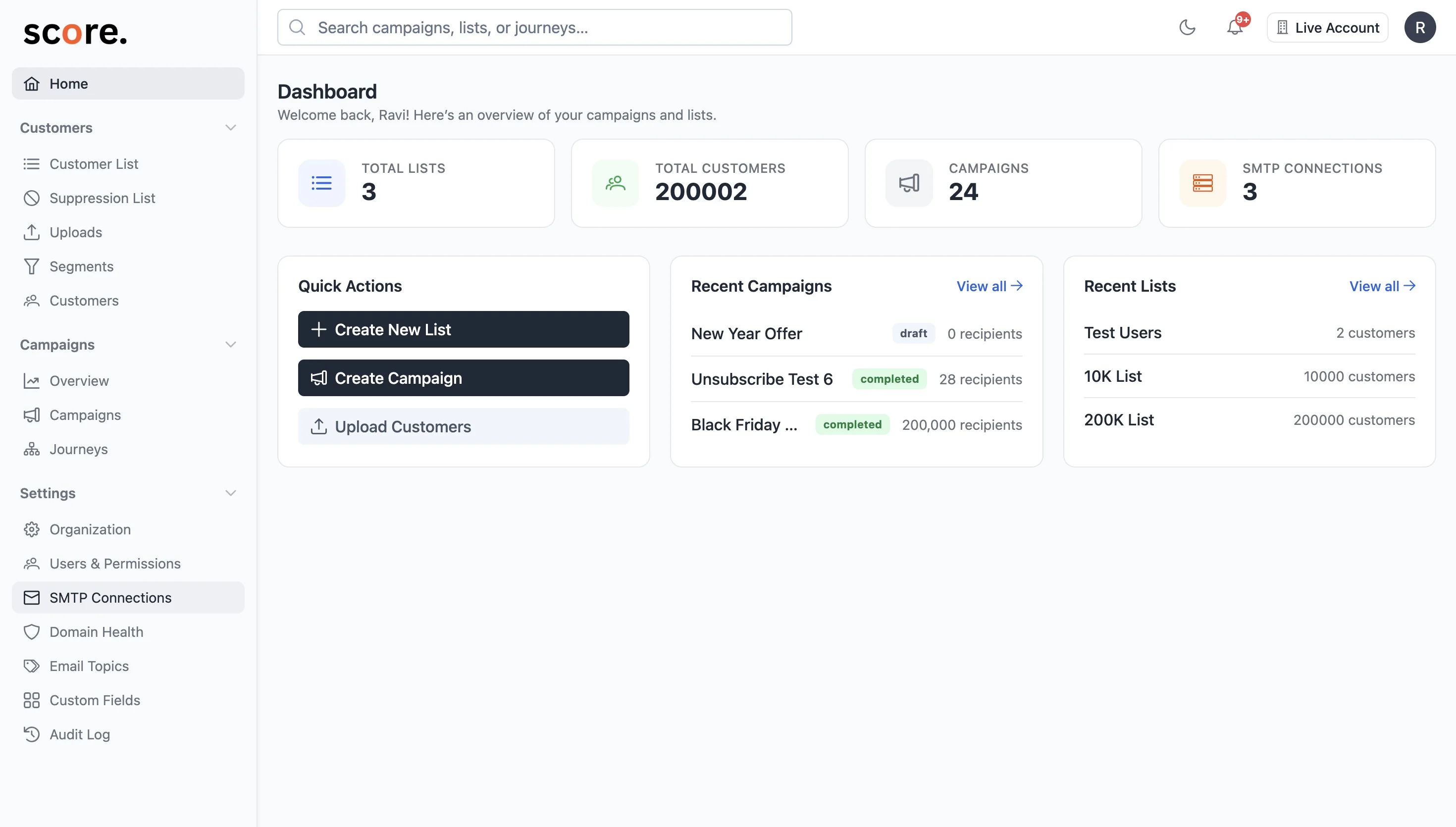 Mailhorn dashboard showing campaign activity, audience lists, and SMTP connections