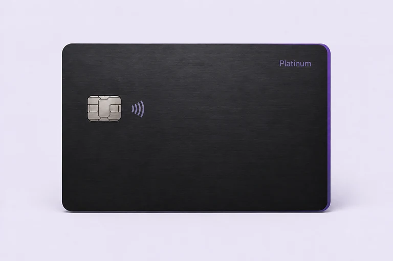 Platinum credit card in matte charcoal with a violet edge and metallic chip